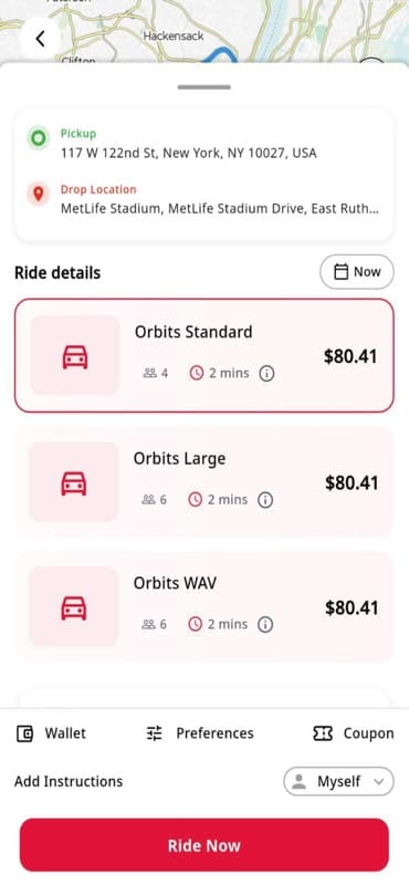 Orbits app screens: vehicle selection and ride tracking